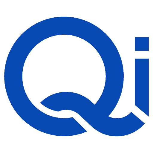 Qi software logo - capital Q next to a lowercase i in blue